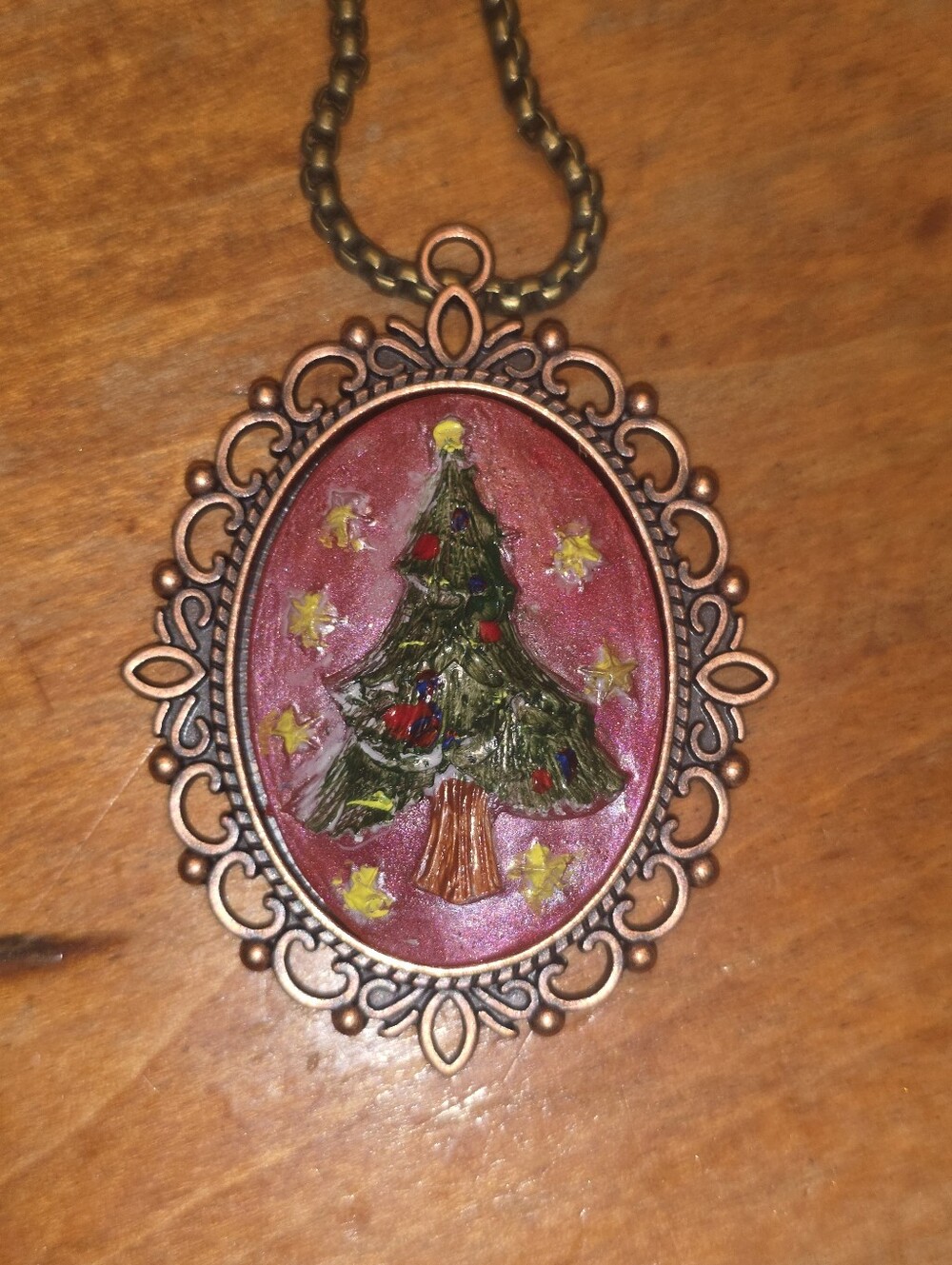 Holiday Christmas Tree Resun Handpainted Necklace With Bronze Tone Chain